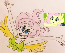 Size: 540x444 | Tagged: safe, artist:lunaart, imported from derpibooru, screencap, fluttershy, human, pegasus, filli vanilli, armpits, arms in the air, breasts, cute, flying, hands in the air, humanized, scene interpretation, screencap reference, sleeveless, traditional art, winged humanization, wings