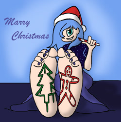 Size: 1280x1285 | Tagged: safe, artist:skullmandan, imported from derpibooru, princess luna, human, barefoot, body writing, christmas, feet, female, fetish, foot fetish, foot focus, hat, holiday, humanized, looking at you, santa hat, soles, solo, toes