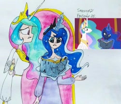 Size: 538x462 | Tagged: safe, artist:lunaart, imported from derpibooru, screencap, princess celestia, princess luna, alicorn, human, shadow play, alicorn humanization, book, cutie mark on human, horn, horned humanization, humanized, magic, scene interpretation, traditional art, winged humanization, wings