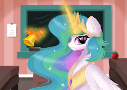 Size: 4092x2893 | Tagged: safe, artist:janelearts, imported from derpibooru, princess celestia, alicorn, pony, bell, classroom, female, glowing horn, horn, magic, mare, smiling, smiling at you, solo, telekinesis