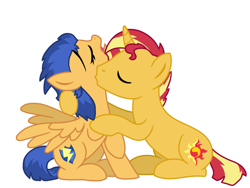 Size: 1024x768 | Tagged: safe, artist:mlp_sweet_adopts, imported from derpibooru, flash sentry, sunset shimmer, pegasus, pony, unicorn, alternate hairstyle, commission, eyes closed, female, flare warden, flareglare, flashimmer, gender swap potion, kissing, male, mare, neck kiss, open mouth, raised hoof, rule 63, shipping, simple background, sitting, stallion, straight, sunset glare, tongue out, white background, ych result