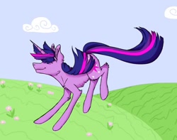 Size: 1080x850 | Tagged: safe, artist:moona_lou, imported from derpibooru, twilight sparkle, pony, unicorn, chest fluff, cloud, dancing, eyes closed, female, grass, jumping, mare, outdoors, smiling, solo, unicorn twilight