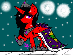 Size: 2048x1536 | Tagged: safe, artist:artmama113, imported from derpibooru, oc, oc only, oc:yaoilover, alicorn, bat pony, bat pony alicorn, pony, bat pony oc, bat wings, cape, clothes, female, hoof shoes, horn, jewelry, mare, peytral, raised hoof, signature, smiling, snow, solo, tiara, wings