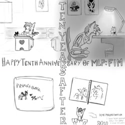 Size: 1357x1357 | Tagged: safe, artist:bastardo-kun, imported from derpibooru, princess luna, oc, bat pony, pony, bat pony oc, bat wings, colt, desk, drawing, happy birthday mlp:fim, i'm so alone, lamp, male, mlp fim's tenth anniversary, monochrome, school, stallion, toy, wings