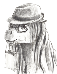 Size: 2740x3572 | Tagged: safe, artist:lady-limule, imported from derpibooru, oc, oc only, earth pony, pony, bag, bust, earth pony oc, glasses, grayscale, hat, monochrome, mouth hold, solo, traditional art