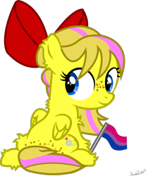 Size: 1762x2094 | Tagged: safe, artist:thunderdasher07, imported from derpibooru, oc, oc only, oc:mist dasher, pegasus, pony, bisexual pride flag, bow, butt freckles, chest fluff, ear fluff, female, filly, freckles, hair bow, happy birthday mlp:fim, leg fluff, mlp fim's tenth anniversary, pegasus oc, pride, pride flag, signature, simple background, solo, transparent background, vector
