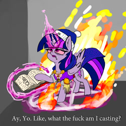 Size: 900x900 | Tagged: safe, artist:slamjam, imported from derpibooru, twilight sparkle, alicorn, pony, book, clothes, female, fire, glowing horn, high, highlight sparkle, horn, magic, magic circle, mare, raised hoof, smoking, solo, summoning circle, talking, telekinesis, twilight sparkle (alicorn), vulgar