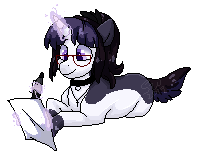 Size: 200x160 | Tagged: safe, artist:silentwolf-oficial, imported from derpibooru, oc, oc only, pony, unicorn, choker, glasses, glowing horn, horn, lying down, magic, pixel art, prone, signature, simple background, smiling, telekinesis, transparent background, unicorn oc, writing