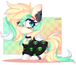 Size: 3152x2696 | Tagged: safe, artist:lazuli, artist:mint-light, imported from derpibooru, oc, oc only, alien, earth pony, pony, blushing, chest fluff, choker, clothes, commission, ear fluff, earth pony oc, eyelashes, one eye closed, signature, simple background, smiling, solo, transparent background, wink, ych result