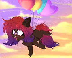 Size: 4236x3408 | Tagged: safe, artist:lazuli, artist:mint-light, imported from derpibooru, pinkie pie, oc, oc only, oc:shaded star, earth pony, pony, balloon, chest fluff, cloud, commission, earth pony oc, eyelashes, floating, flying, open mouth, outdoors, smiling, solo, then watch her balloons lift her up to the sky, ych result