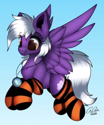 Size: 828x994 | Tagged: safe, artist:emilywulfstudios, imported from derpibooru, oc, oc only, oc:nighty cloud, pegasus, pony, clothes, pegasus oc, sfw, socks, solo, stockings, striped socks, striped stockings, thigh highs, wings