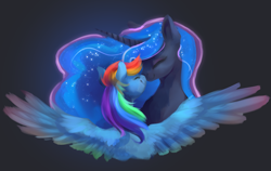 Size: 2385x1511 | Tagged: safe, artist:meringuebell, imported from derpibooru, princess luna, rainbow dash, alicorn, pegasus, pony, /mlp/, 4chan, black background, boop, bust, cute, dashabetes, eyes closed, female, happy, lesbian, lunabetes, lunadash, mare, miss /mlp/, miss /mlp/ 2020, noseboop, shipping, simple background, smiling, spread wings, wings