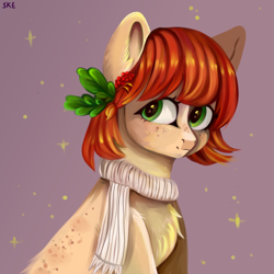 Size: 1000x1000 | Tagged: safe, artist:ske, imported from derpibooru, oc, oc only, earth pony, pony, clothes, green eyes, holly, purple background, scarf, simple background, solo