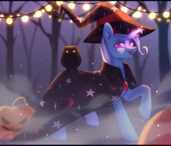 Size: 1280x1092 | Tagged: safe, artist:anku, artist:belkasweet, imported from derpibooru, trixie, bird, owl, pony, unicorn, cape, clothes, forest, glowing horn, halloween, hat, holiday, horn, jack-o-lantern, lamp, night, nightmare night, pumpkin, solo, string lights, tree, witch hat