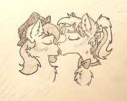 Size: 2560x2042 | Tagged: safe, alternate version, imported from derpibooru, oc, oc:hellfire, earth pony, pegasus, pony, alternate hairstyle, bowtie, female, fluffy, fur, hat, kissing, lesbian, love, mare, monochrome, rule 63, traditional art