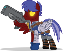 Size: 1280x1035 | Tagged: safe, artist:mlp-trailgrazer, imported from derpibooru, oc, oc:solar flare, pegasus, pony, artificial wings, augmented, cable, clothes, cosplay, costume, laser gun, male, mechanical wing, simple background, solo, stallion, transparent background, wing hands, wings