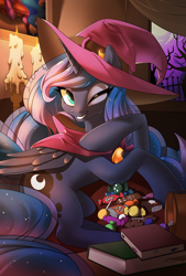 Size: 2880x4272 | Tagged: safe, artist:renokim, imported from derpibooru, princess luna, alicorn, pony, book, brooch, candle, candy, cape, clothes, female, food, halloween, hat, holiday, jewelry, korean, looking at you, mare, one eye closed, smiling, solo, wink, witch costume, witch hat
