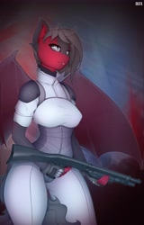 Size: 2500x3904 | Tagged: safe, artist:okata, imported from derpibooru, oc, oc only, anthro, bat pony, bat pony oc, bat wings, bodysuit, clothes, commission, female, gun, ithaca 37, mossberg 590a1, shotgun, solo, solo female, weapon, wings, ych result