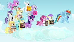 Size: 1000x563 | Tagged: safe, edit, edited screencap, screencap, alula, cotton cloudy, cupid (character), mango dash, noi, pinkie feather, pluto, princess erroria, rainbow dash, rainy feather, ruby pinch, sweet pop, tornado bolt, twilight sparkle, alicorn, pegasus, pony, fame and misfortune, a*teens, album, ariana grande, avril lavigne, breakaway, emilee, female, fifth harmony, filly, flamingo (song), girlfriend (song), hands to myself, hanson, hurricane storm, ily (i love you baby), kelly clarkson, kero kero bonito, lady gaga, mare, mmmbop, rain on me, selena gomez, surf mesa, that's my girl, twisty doo, upside down (song)