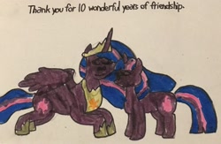 Size: 2224x1449 | Tagged: safe, artist:whistle blossom, derpibooru exclusive, imported from derpibooru, twilight sparkle, alicorn, pony, unicorn, the last problem, 10, cute, duality, eyes closed, female, happy birthday mlp:fim, mare, marker drawing, mlp fim's tenth anniversary, princess twilight 2.0, self ponidox, simple background, smiling, text, traditional art, twiabetes, twilight sparkle (alicorn), unicorn twilight, white background