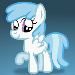 Size: 768x768 | Tagged: safe, artist:apronspawn, imported from derpibooru, cotton cloudy, pegasus, pony, cloud, cottonbetes, cute, cutie mark, cyan background, female, filly, raised hoof, simple background, smiling