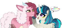 Size: 1280x577 | Tagged: safe, artist:lazuli, artist:mint-light, artist:xxdifferentrealityxx, imported from derpibooru, oc, oc only, oc:mischivevous, oc:wavelength, draconequus, pony, unicorn, base used, duo, female, interspecies offspring, magical lesbian spawn, male, mare, offspring, parent:discord, parent:octavia melody, parent:pinkie pie, parent:vinyl scratch, parents:discopie, parents:scratchtavia, simple background, speech bubble, transparent background