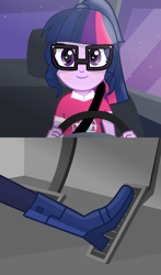 Size: 966x1640 | Tagged: safe, artist:grapefruitface1, imported from derpibooru, sci-twi, twilight sparkle, equestria girls, car, music festival outfit, pedal, pedal pump, show accurate, solo