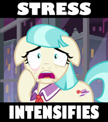 Size: 918x1039 | Tagged: safe, edit, edited screencap, imported from derpibooru, screencap, coco pommel, made in manehattan, caption, cropped, floppy ears, image macro, meme, open mouth, stressed, text, uvula, x intensifies