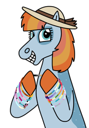 Size: 1038x1500 | Tagged: safe, artist:kindheart525, imported from derpibooru, oc, oc only, oc:blue velvet, earth pony, pony, auraverse, bracelet, friendship bracelet, hat, jewelry, offspring, parent:burnt oak, parent:coloratura, parents:coloroak, simple background, solo, transparent background