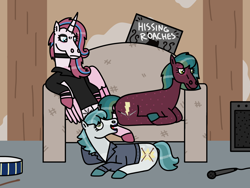 Size: 2048x1536 | Tagged: safe, artist:kindheart525, imported from derpibooru, princess flurry heart, oc, oc:blueberry sticks, oc:red cedar, alicorn, earth pony, pony, auraverse, couch, drums, drumsticks, hoers, magical lesbian spawn, microphone, musical instrument, offspring, parent:bon bon, parent:burnt oak, parent:coloratura, parent:lyra heartstrings, parents:coloroak, parents:lyrabon, story included