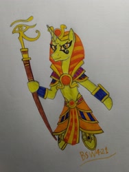 Size: 2609x3466 | Tagged: safe, artist:bsw421, imported from derpibooru, oc, oc only, oc:blaze burn, pony, unicorn, ancient egypt, clothes, costume, egypt, egyptian, egyptian headdress, egyptian pony, fashion, gift art, horn, male, photo, smite, solo, solo male, standing, traditional art, unicorn oc, weapon