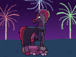 Size: 2048x1536 | Tagged: safe, artist:kindheart525, imported from derpibooru, fizzlepop berrytwist, tempest shadow, oc, oc:eclipse, pony, unicorn, auraverse, broken horn, female, fireworks, horn, magical lesbian spawn, mother and child, offspring, panic attack, parent:tempest shadow, parent:twilight sparkle, parents:tempestlight, story included