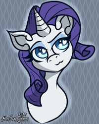 Size: 3000x3750 | Tagged: safe, artist:mrcapriccio, imported from derpibooru, rarity, pony, unicorn, :3, abstract background, bust, cute, heart, heart eyes, high res, horn, simple background, smiling, smug, solo, wingding eyes