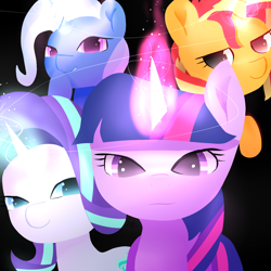 Size: 1560x1560 | Tagged: safe, artist:nicxchy, imported from derpibooru, starlight glimmer, sunset shimmer, trixie, twilight sparkle, alicorn, pony, unicorn, female, glowing horn, horn, magic, magical quartet, mare, smiling, twilight sparkle (alicorn)