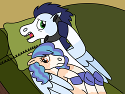 Size: 2048x1536 | Tagged: safe, artist:kindheart525, imported from derpibooru, soarin', oc, oc:summer beauty, pegasus, pony, auraverse, couch, father and child, father and daughter, female, lying down, male, offspring, parent:applejack, parent:soarin', parents:soarinjack, phone, pillow, story included, telephone