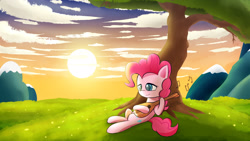 Size: 1920x1080 | Tagged: safe, artist:nicxchy, imported from derpibooru, pinkie pie, earth pony, pony, cloud, female, lounging, mandolin, mare, music notes, musical instrument, signature, smiling, solo, sun, tree