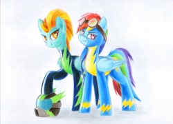 Size: 3282x2369 | Tagged: safe, artist:rsd500, imported from derpibooru, lightning dust, rainbow dash, pegasus, pony, clothes, duo, female, goggles, helmet, mare, traditional art, uniform, washouts uniform, wonderbolts uniform