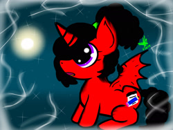 Size: 2048x1536 | Tagged: safe, artist:artmama113, imported from derpibooru, oc, oc only, oc:yaoilover, alicorn, bat pony, bat pony alicorn, pony, bat pony oc, bat wings, female, filly, horn, looking up, open mouth, signature, solo, wide eyes, wings
