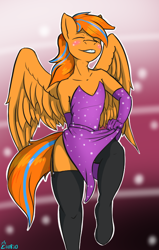 Size: 504x792 | Tagged: safe, artist:edgarkingmaker, imported from derpibooru, oc, oc only, oc:cold front, anthro, pegasus, unguligrade anthro, clothes, crossdressing, dancing, dress, intersex, male, pegasus oc, solo, wings