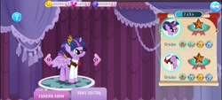 Size: 2400x1080 | Tagged: safe, imported from derpibooru, twilight sparkle, alicorn, pony, clothes, costume, crown, gameloft, gem, glasses, hair bun, jewelry, mane bun, regalia, solo, spread wings, twilight sparkle (alicorn), wings