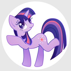 Size: 1200x1200 | Tagged: safe, artist:boon_9, imported from derpibooru, part of a set, twilight sparkle, pony, unicorn, anatomically incorrect, circle background, cute, female, full body, hooves, horn, incorrect leg anatomy, legs don't bend like that, mare, multicolored mane, multicolored tail, smiling, solo, standing on two hooves, starry eyes, tail, twiabetes, unicorn twilight, wingding eyes