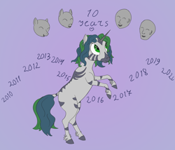 Size: 2520x2160 | Tagged: safe, artist:ononim, derpibooru exclusive, imported from derpibooru, oc, oc:forest glade, hybrid, zebra, zebracorn, zony, ambiguous gender, blank flank, crescent moon, ear piercing, earring, gradient background, happy birthday mlp:fim, jewelry, mlp fim's tenth anniversary, moon, piercing, quadrupedal, rearing, smiling, solo focus, unshorn fetlocks