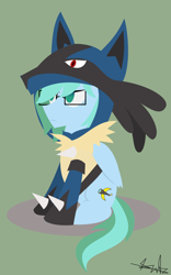 Size: 2030x3253 | Tagged: safe, artist:samsailz, imported from derpibooru, oc, oc:sailz, lucario, pegasus, pony, clothes, costume, hoodie, onesie, pokémon, solo