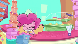 Size: 1280x720 | Tagged: safe, imported from derpibooru, screencap, pinkie pie, earth pony, pony, my little pony: pony life, blender (object), cake, cookie, eyes closed, food, g4.5, kitchen, pie, sugarcube corner, theme song