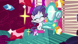 Size: 1280x720 | Tagged: safe, imported from derpibooru, screencap, rarity, pony, unicorn, my little pony: pony life, cute, eyes closed, g4.5, gaze upon my gems, gem, intro, mirror, raribetes, rarity's house, smiling, theme song