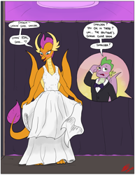 Size: 2550x3300 | Tagged: safe, artist:loreto-arts, imported from derpibooru, smolder, spike, dragon, clothes, commission, dragoness, dress, female, male, older, older smolder, older spike, shipping, smolder also dresses in style, spolder, straight, that dragon sure does love dresses, toes, tomboy taming, tuxedo, wedding dress, winged spike, wings