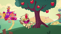 Size: 1280x720 | Tagged: safe, imported from derpibooru, screencap, applejack, earth pony, pony, my little pony: pony life, apple, cute, eyes closed, food, g4.5, jackabetes, open mouth, sweet apple acres, theme song, tree