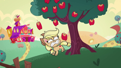 Size: 1280x720 | Tagged: safe, imported from derpibooru, screencap, applejack, earth pony, pony, my little pony: pony life, apple, falling, food, g4.5, looking at you, sweet apple acres, theme song, tree