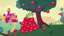 Size: 1280x720 | Tagged: safe, imported from derpibooru, screencap, gummy, alligator, my little pony: pony life, apple, cute, food, g4.5, gummybetes, sweet apple acres, theme song, tree