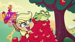 Size: 1280x720 | Tagged: safe, imported from derpibooru, screencap, applejack, gummy, alligator, earth pony, pony, my little pony: pony life, apple, cute, food, g4.5, gummybetes, jackabetes, looking at each other, looking down, looking up, open mouth, sweet apple acres, theme song, tree